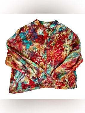 Chico's 100% Linen Womens Size 3 Boho Batik Multicolor Nature Peasant Collar